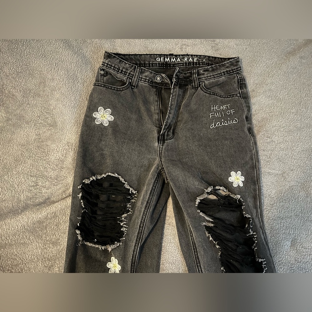 Gemma Rae Black Ripped Mom Jeans (Heart Full of Daisies)